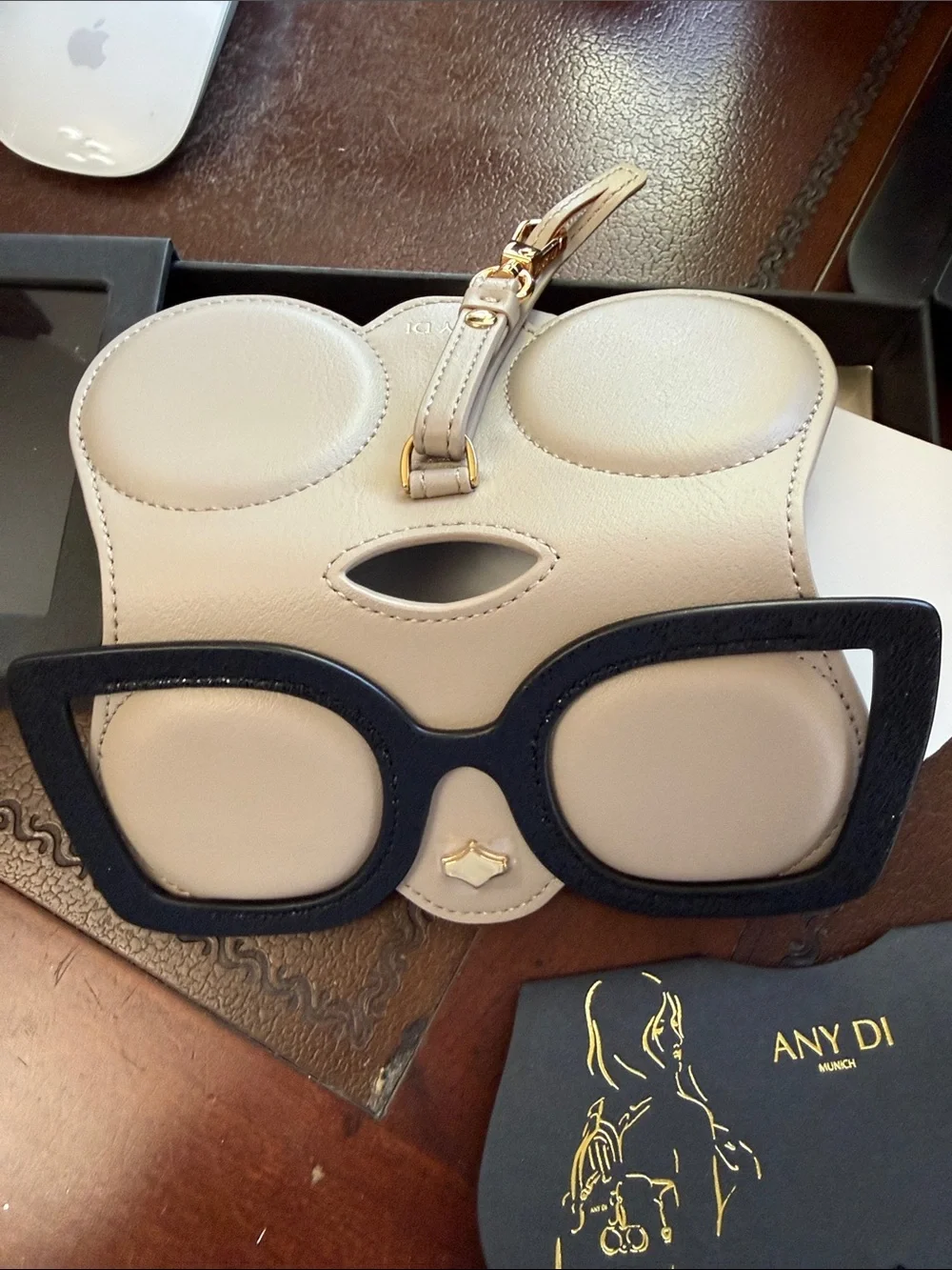 Beige Leather Sunglasses Case with Black Accent